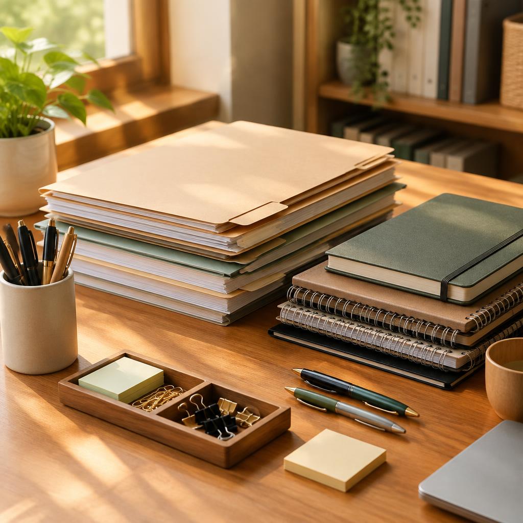 Neatly stacked files, notebooks and office supplies on a wooden desk