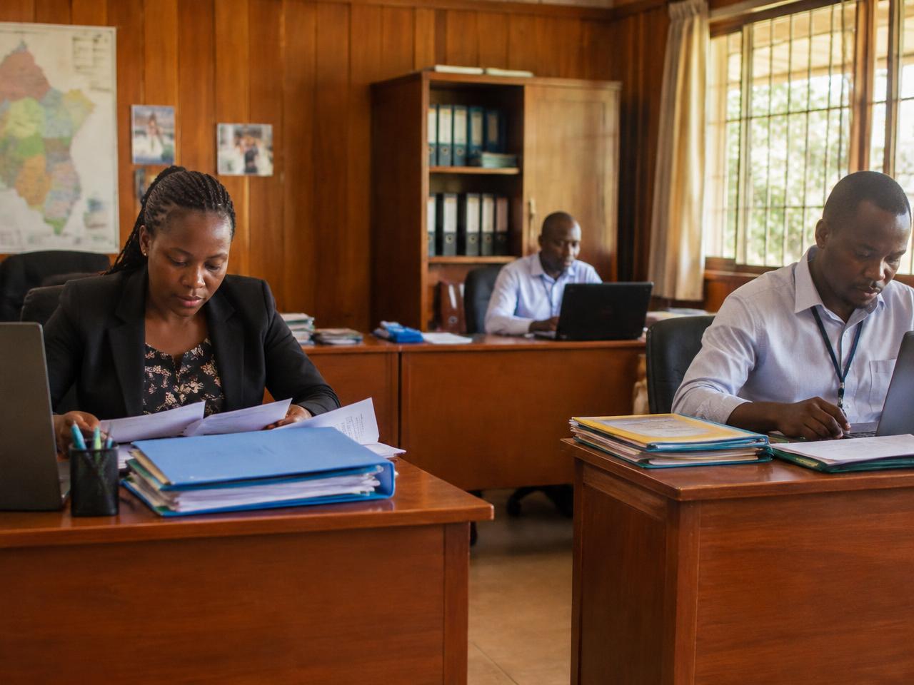 Procurement staff working at desks in a wood-panelled office